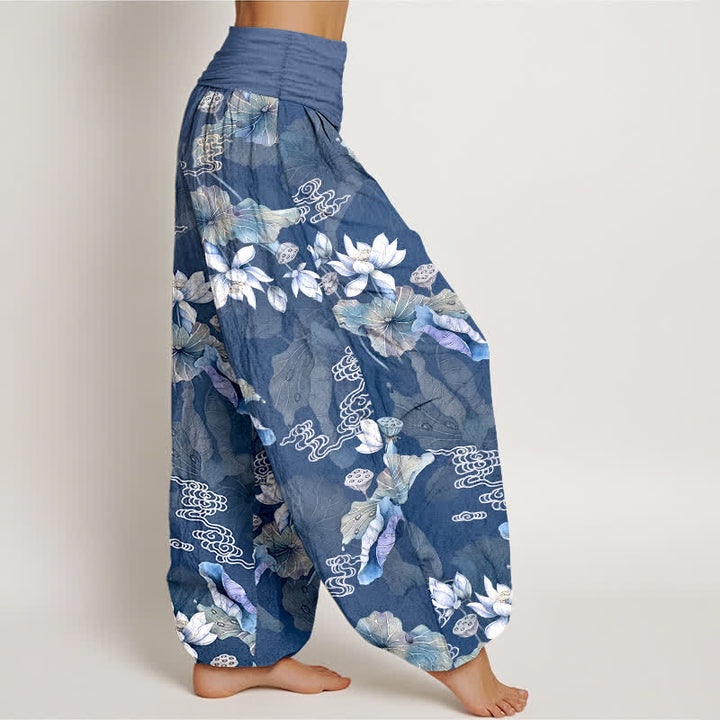 Buddha Stones Cotton White Lotus Leaf Pattern Women's Elastic Waist Harem Pants - image 9