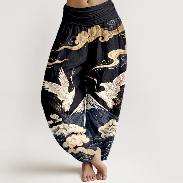 Buddha Stones Cotton Crane Mountain Cloud Pattern Women's Elastic Waist Harem Pants - Black - US16，UK/AU20，EU48 (3XL) - image 0