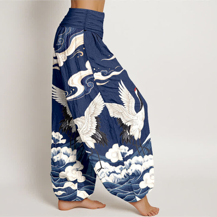 Buddha Stones Cotton Crane Mountain Cloud Pattern Women's Elastic Waist Harem Pants - image 6
