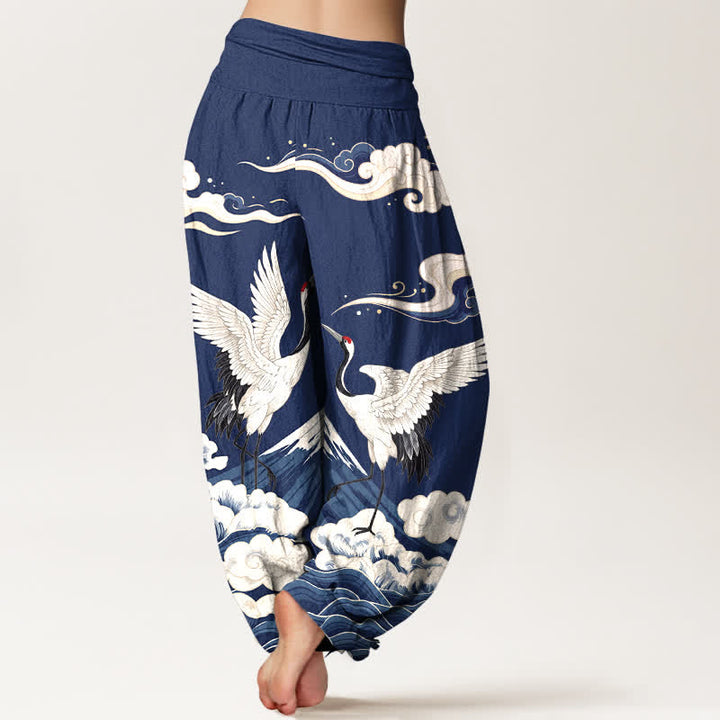 Buddha Stones Cotton Crane Mountain Cloud Pattern Women's Elastic Waist Harem Pants - image 7