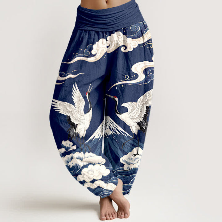 Buddha Stones Cotton Crane Mountain Cloud Pattern Women's Elastic Waist Harem Pants - Navy - US16，UK/AU20，EU48 (3XL) - image 5