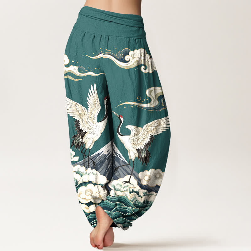 Buddha Stones Cotton Crane Mountain Cloud Pattern Women's Elastic Waist Harem Pants - image 10