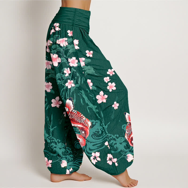 Buddha Stones Cotton Koi Sakura Pattern Women's Elastic Waist Harem Pants - image 1