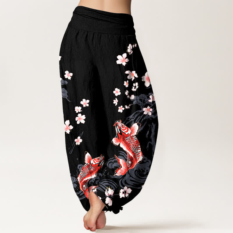 Buddha Stones Cotton Koi Sakura Pattern Women's Elastic Waist Harem Pants - image 7