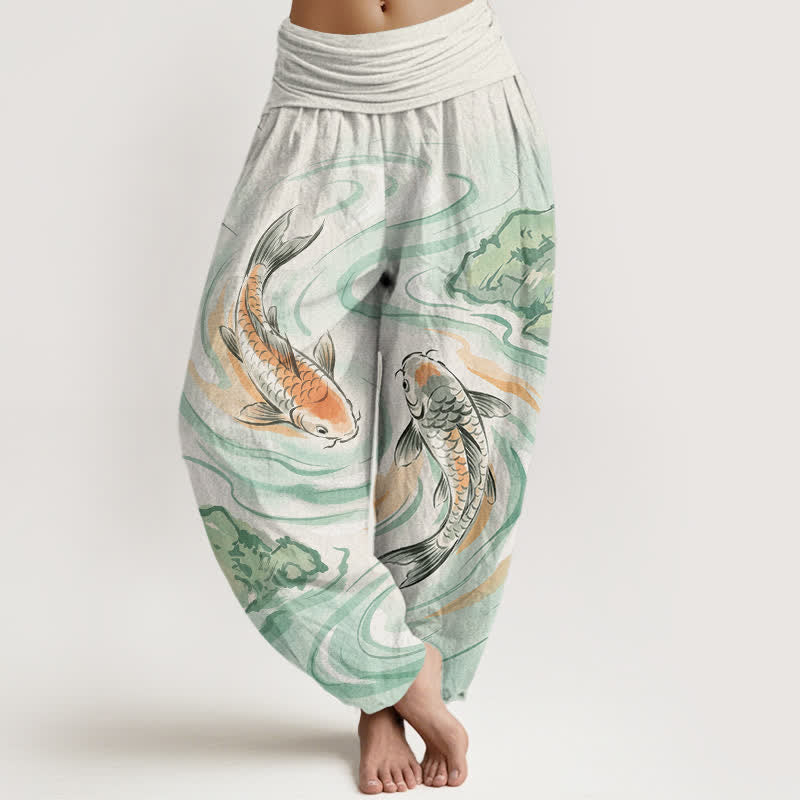 Buddha Stones Cotton Koi Fish Rock Wave Pattern Women's Elastic Waist Harem Pants - Honeydew - US16，UK/AU20，EU48 (3XL) - image 0