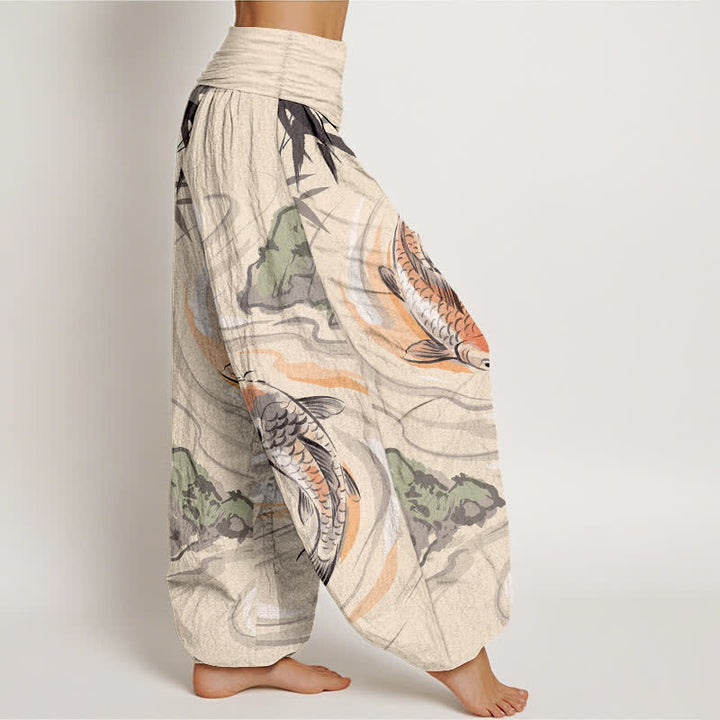 Buddha Stones Cotton Koi Fish Rock Wave Pattern Women's Elastic Waist Harem Pants - image 6