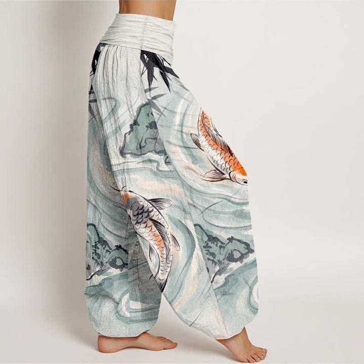 Buddha Stones Cotton Koi Fish Rock Wave Pattern Women's Elastic Waist Harem Pants - image 9