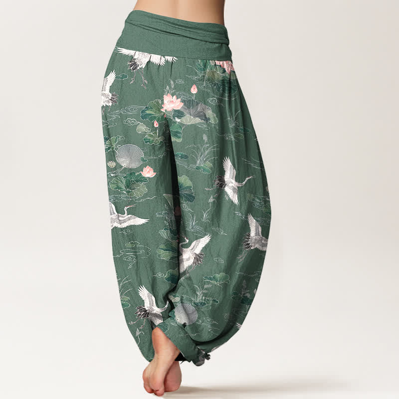 Buddha Stones Cotton Elegant Crane Lotus Pattern Women's Elastic Waist Harem Pants - image 2