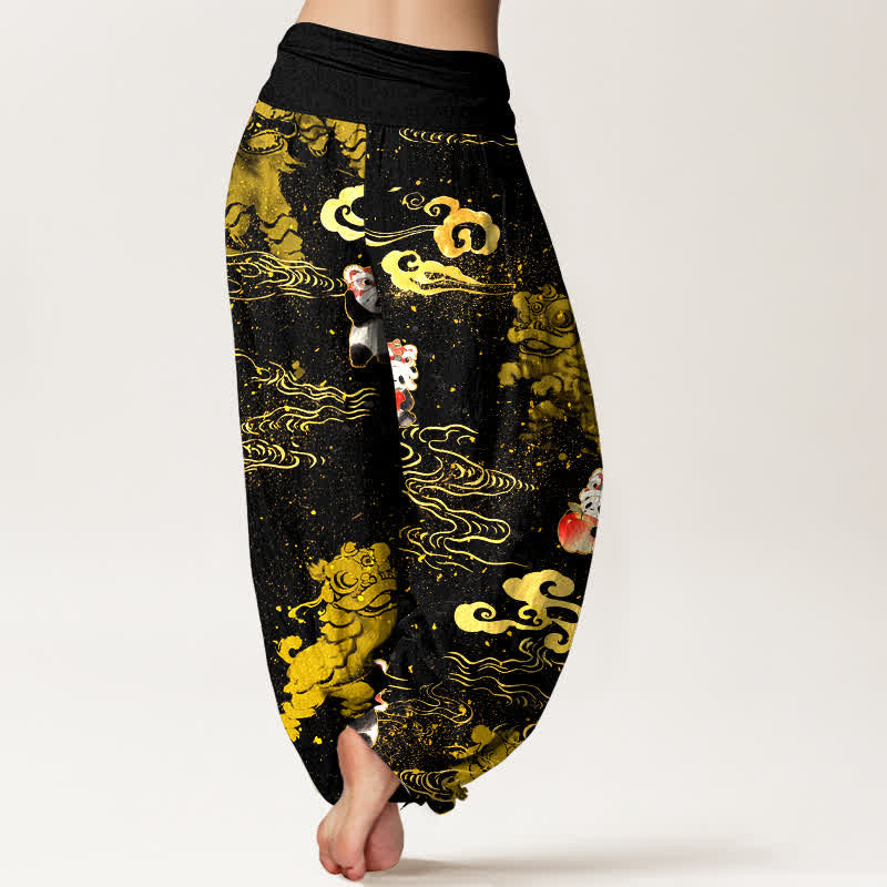Buddha Stones Cotton Auspicious Beast Cloud Pattern Women's Elastic Waist Harem Pants - image 1