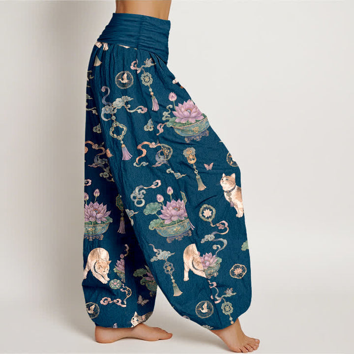 Buddha Stones Cotton Lotus Cat Tassel Pattern Women's Elastic Waist Harem Pants - image 1