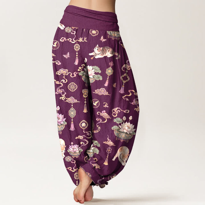 Buddha Stones Cotton Lotus Cat Tassel Pattern Women's Elastic Waist Harem Pants - image 7
