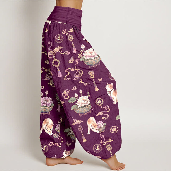 Buddha Stones Cotton Lotus Cat Tassel Pattern Women's Elastic Waist Harem Pants - image 6