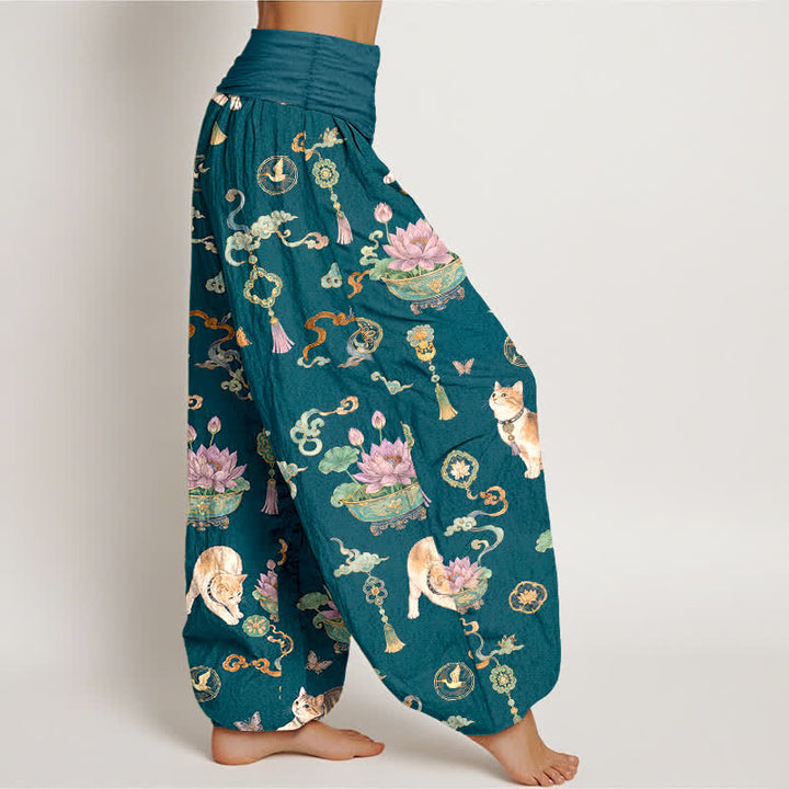 Buddha Stones Cotton Lotus Cat Tassel Pattern Women's Elastic Waist Harem Pants - image 9