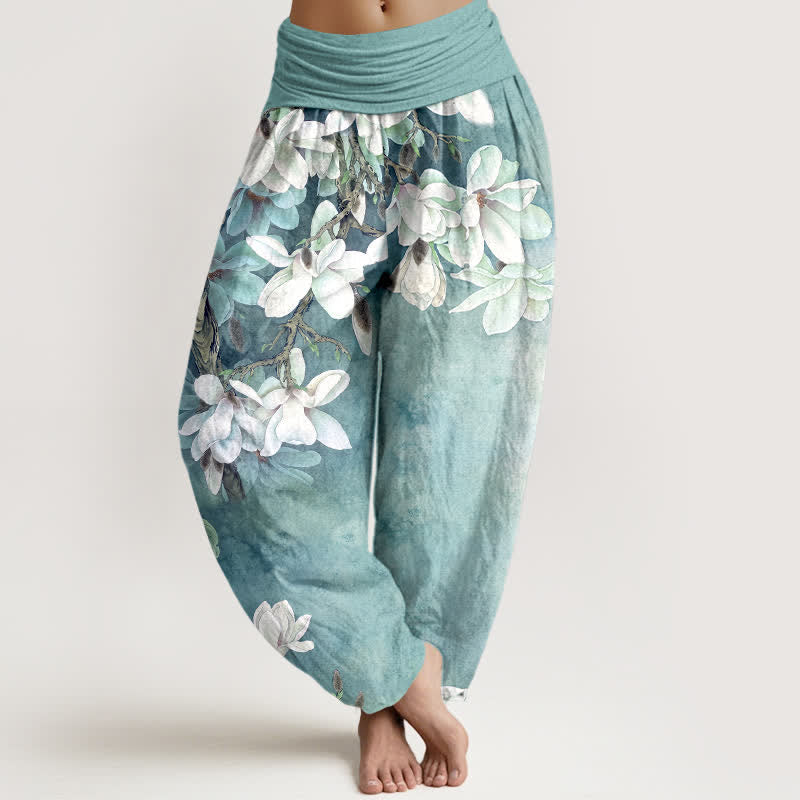 Buddha Stones Cotton White Magnolia Pattern Women's Elastic Waist Harem Pants - LightBlue - US16，UK/AU20，EU48 (3XL) - image 1