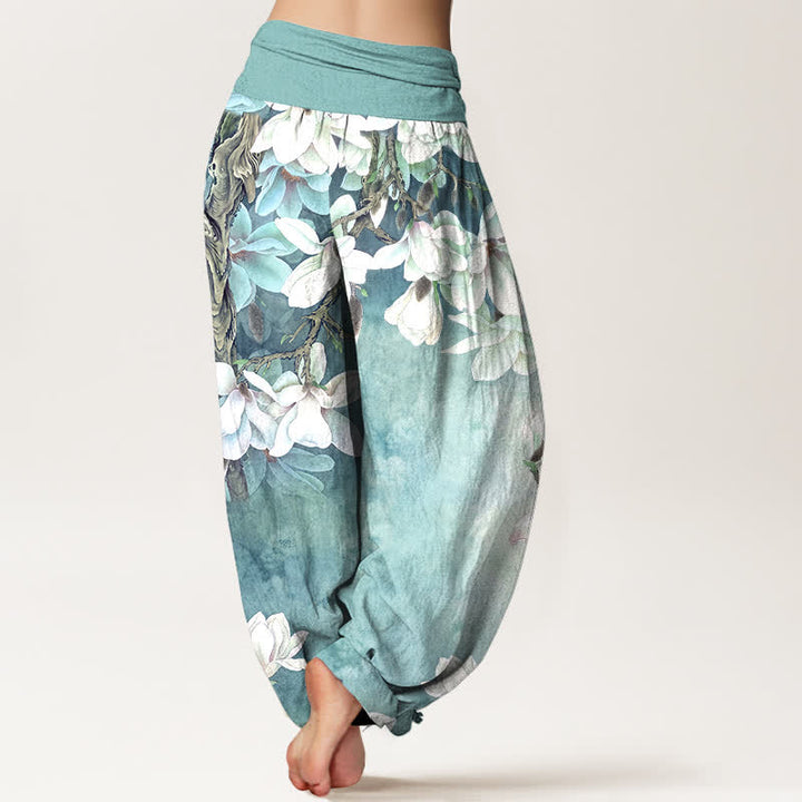 Buddha Stones Cotton White Magnolia Pattern Women's Elastic Waist Harem Pants - image 2