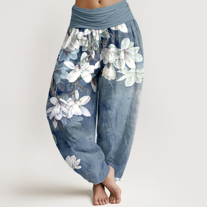 Buddha Stones Cotton White Magnolia Pattern Women's Elastic Waist Harem Pants - LightBlue - US16，UK/AU20，EU48 (3XL) - image 5