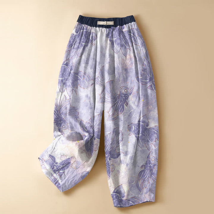 Buddha Stones Pure Cotton Watercolor Goldfish Pattern Frog Button Women's Elastic Waist Harem Pants With Pockets - Lavender - US16，UK/AU20，EU48 (3XL) - image 0