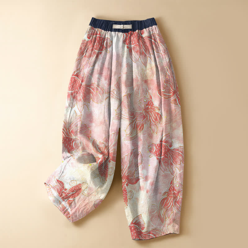 Buddha Stones Pure Cotton Watercolor Goldfish Pattern Frog Button Women's Elastic Waist Harem Pants With Pockets - LightPink - US16，UK/AU20，EU48 (3XL) - image 5