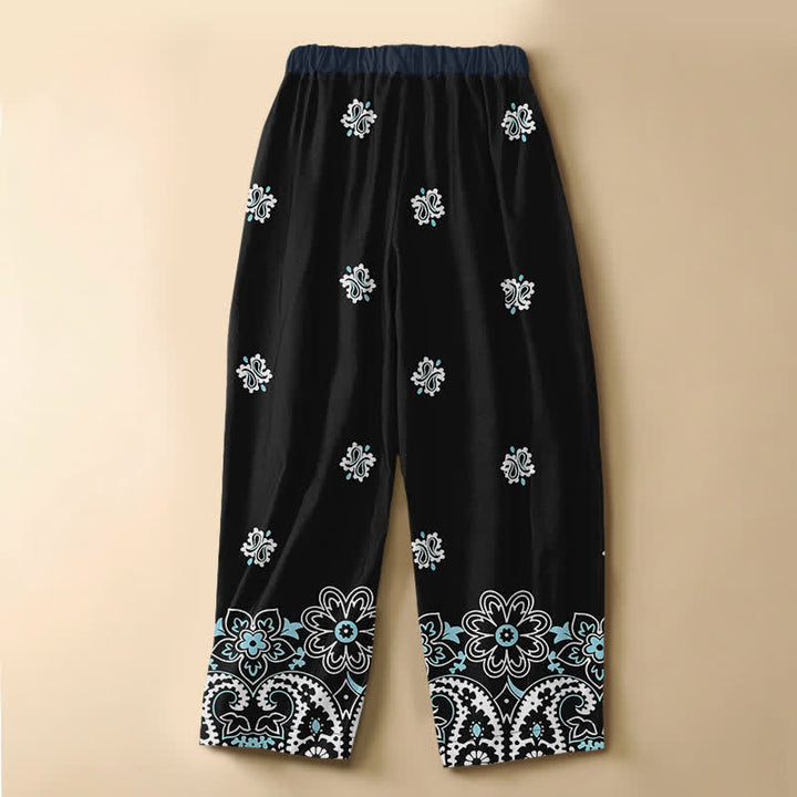 Buddha Stones Pure Cotton Bohemian Floral Paisley Pattern Frog Button Women's Elastic Waist Harem Pants With Pockets - image 6