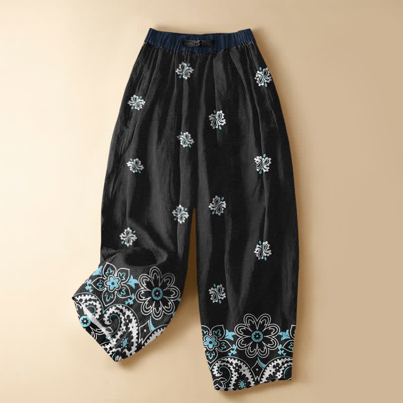 Buddha Stones Pure Cotton Bohemian Floral Paisley Pattern Frog Button Women's Elastic Waist Harem Pants With Pockets - Black - US16，UK/AU20，EU48 (3XL) - image 5