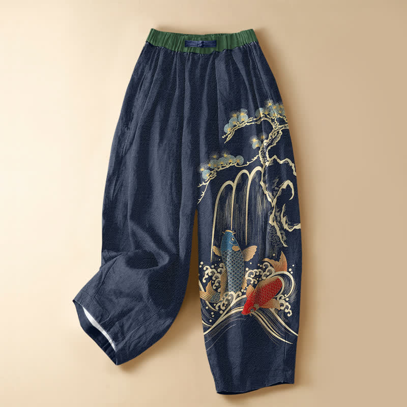 Buddha Stones Pure Cotton Pine Tree Koi Waterfall Pattern Frog Button Women's Elastic Waist Harem Pants With Pockets - Navy - US16，UK/AU20，EU48 (3XL) - image 5