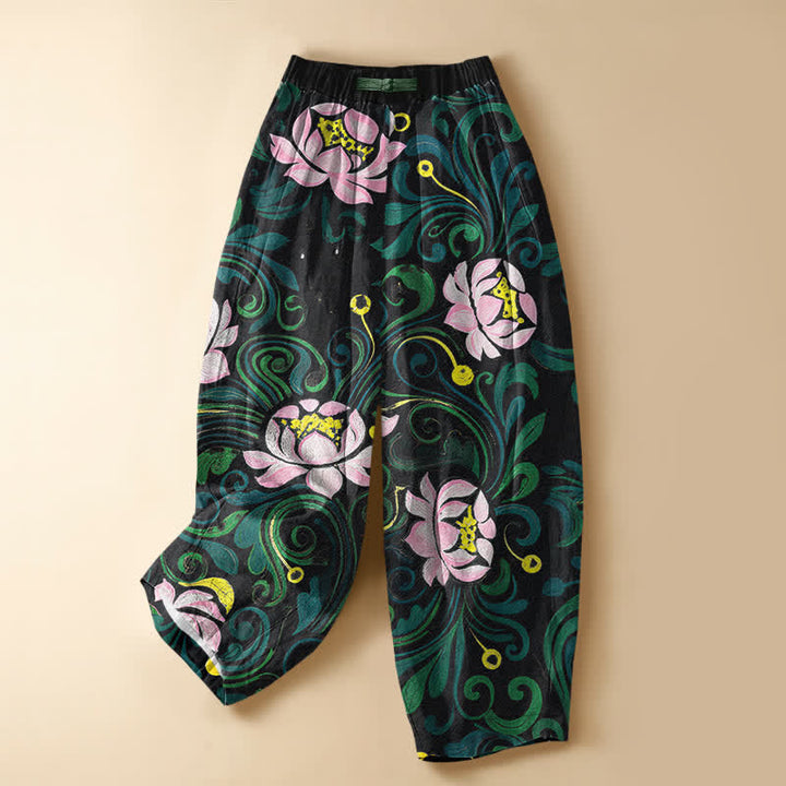 Buddha Stones Pure Cotton Vintage Lotus Vine Pattern Frog Button Women's Elastic Waist Harem Pants With Pockets - SteelBlue - US16，UK/AU20，EU48 (3XL) - image 0