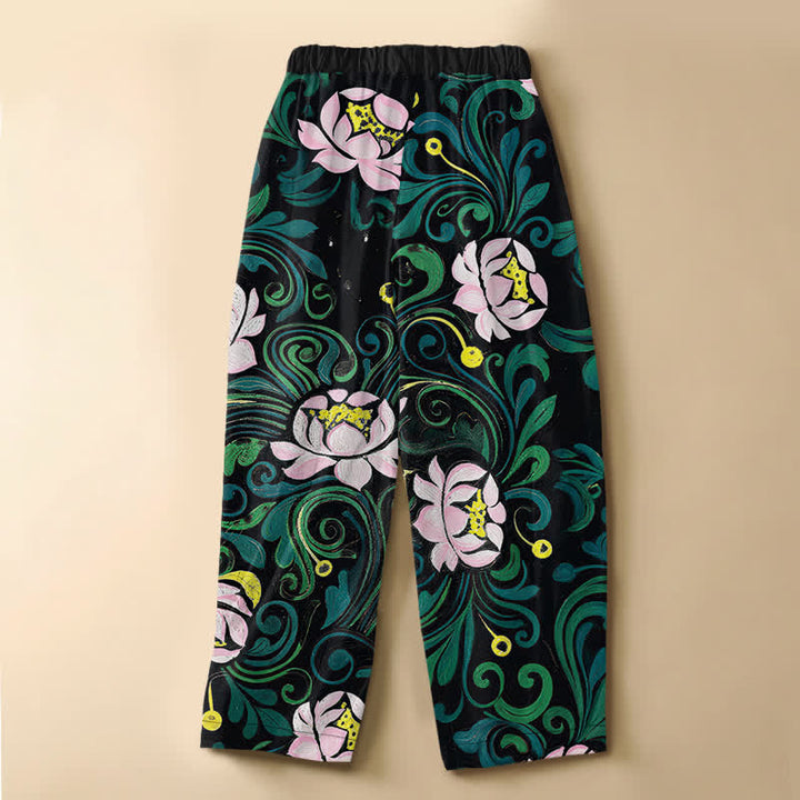 Buddha Stones Pure Cotton Vintage Lotus Vine Pattern Frog Button Women's Elastic Waist Harem Pants With Pockets - image 1