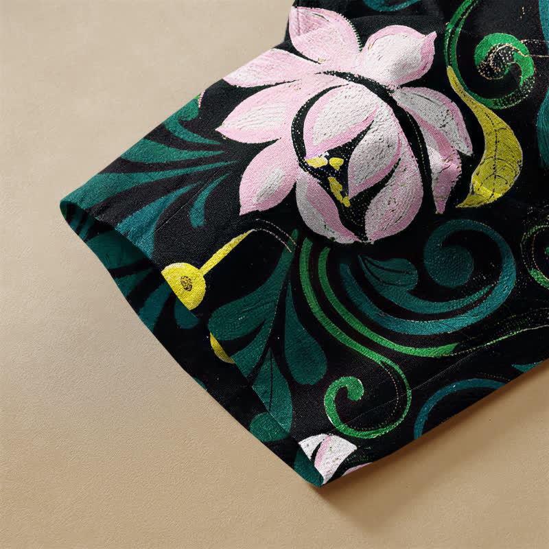 Buddha Stones Pure Cotton Vintage Lotus Vine Pattern Frog Button Women's Elastic Waist Harem Pants With Pockets - image 3