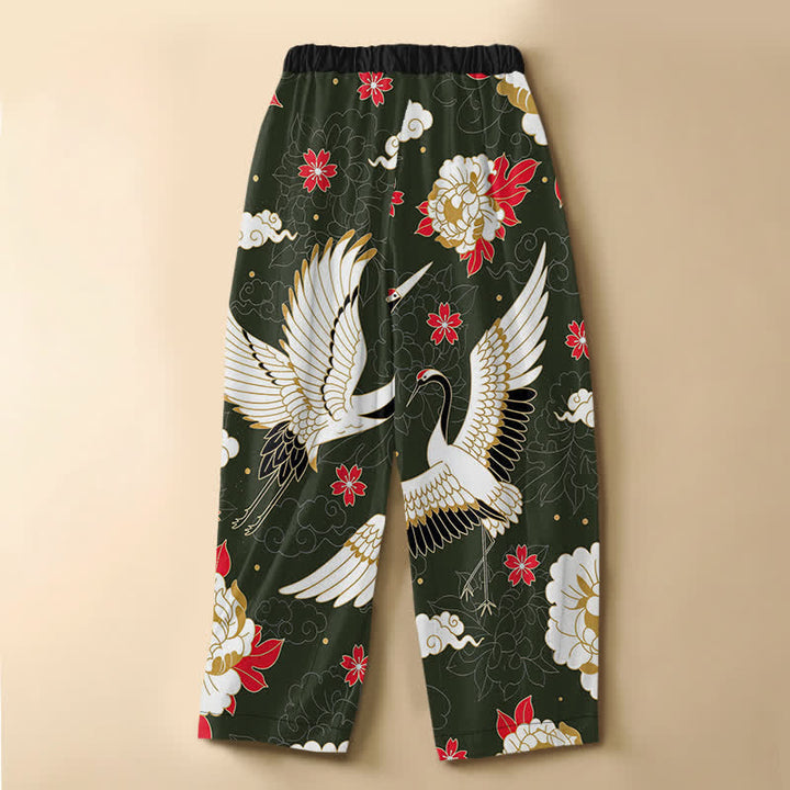 Buddha Stones Pure Cotton Vintage Crane Floral Pattern Frog Button Women's Elastic Waist Harem Pants With Pockets - image 6