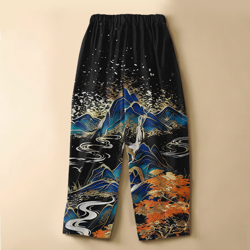 Buddha Stones Pure Cotton Oriental Mountain Landscape Pattern Frog Button Women's Elastic Waist Harem Pants With Pockets - image 1