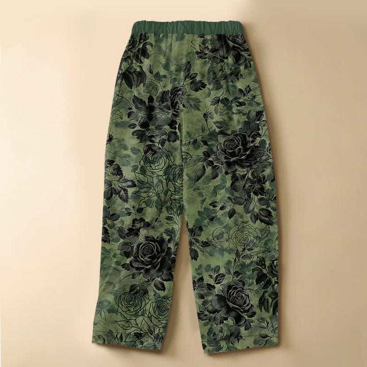 Buddha Stones Pure Cotton Vintage Rose Floral Pattern Frog Button Women's Elastic Waist Harem Pants With Pockets - image 1