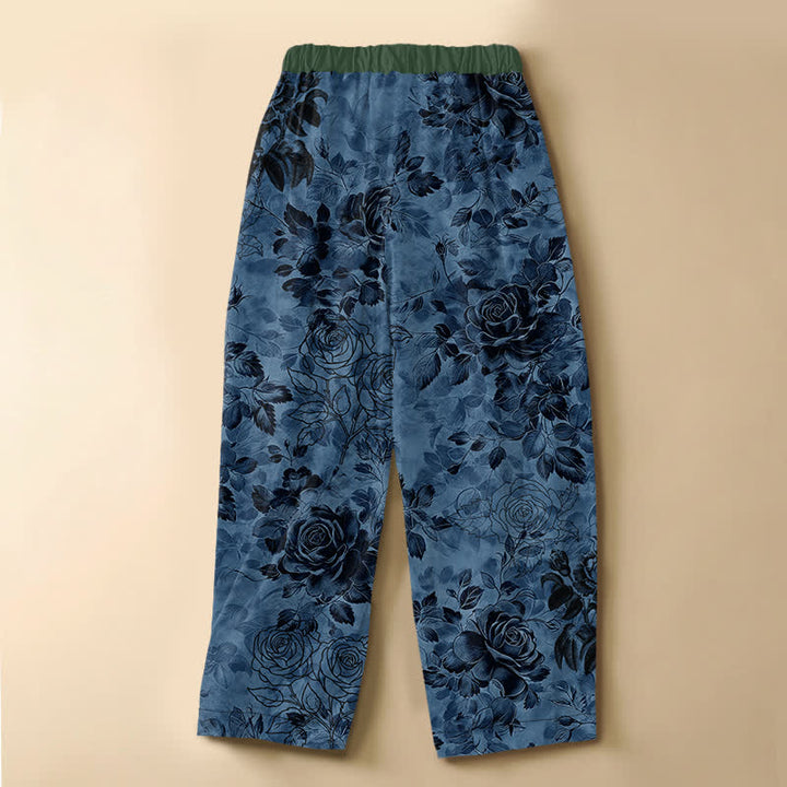 Buddha Stones Pure Cotton Vintage Rose Floral Pattern Frog Button Women's Elastic Waist Harem Pants With Pockets - image 6
