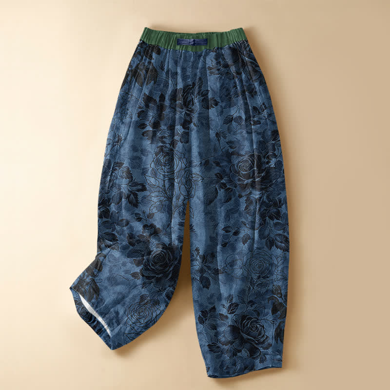 Buddha Stones Pure Cotton Vintage Rose Floral Pattern Frog Button Women's Elastic Waist Harem Pants With Pockets - SteelBlue - US16，UK/AU20，EU48 (3XL) - image 5