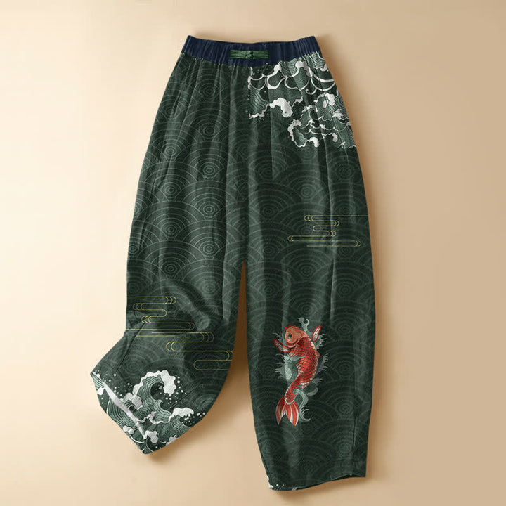 Buddha Stones Pure Cotton Japanese Koi Wave Pattern Frog Button Women's Elastic Waist Harem Pants With Pockets - DarkGreen - US16，UK/AU20，EU48 (3XL) - image 5