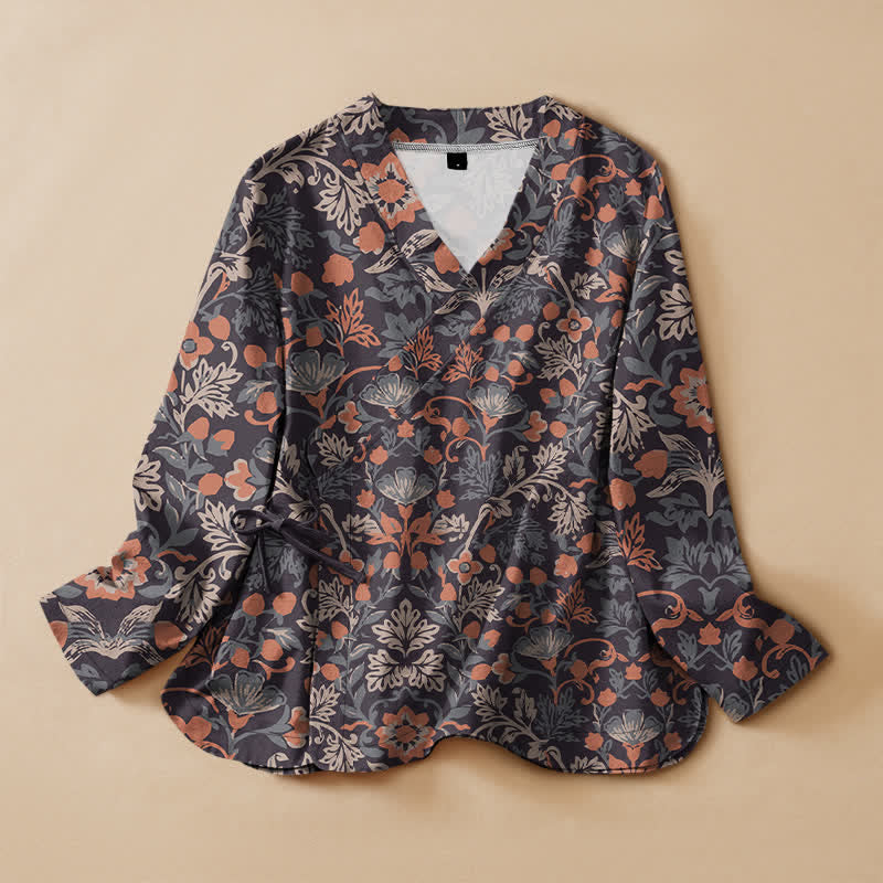 Buddha Stones Cotton Vintage Floral Vine Print Hanfu Style Wrap V-Neck Lace-up Women's Long Sleeve Shirts - DimGray - US16，UK/AU20，EU48 (3XL) - image 0