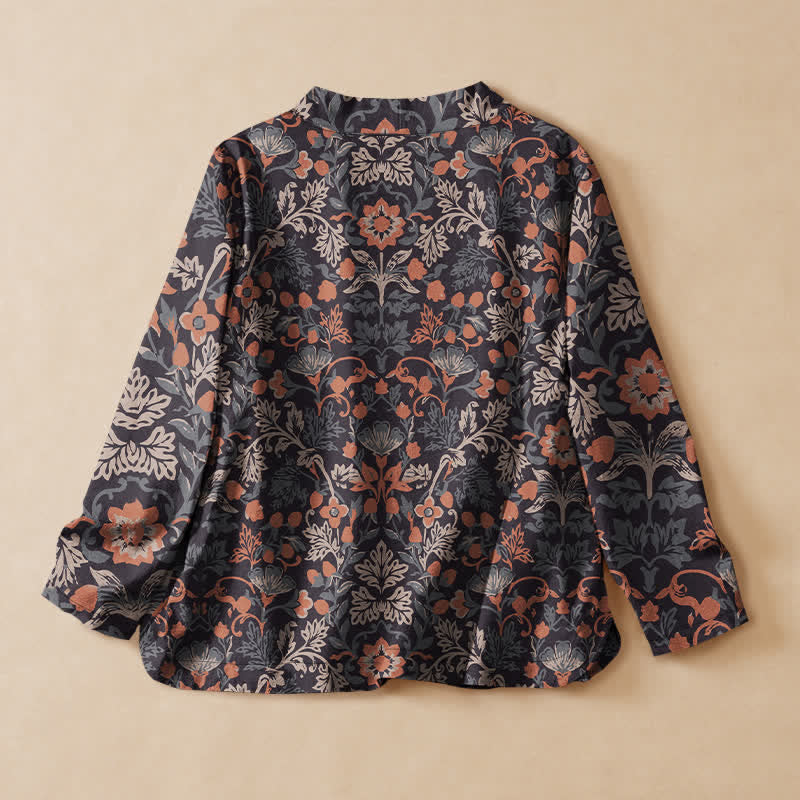 Buddha Stones Cotton Vintage Floral Vine Print Hanfu Style Wrap V-Neck Lace-up Women's Long Sleeve Shirts - image 1
