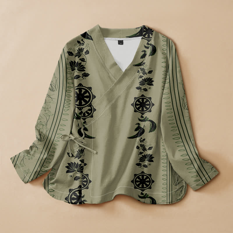 Buddha Stones Cotton Boho Floral Border Pattern Wrap V-Neck Lace-up Women's Long Sleeve Shirts Kimono - DarkSeaGreen - US16，UK/AU20，EU48 (3XL) - image 7