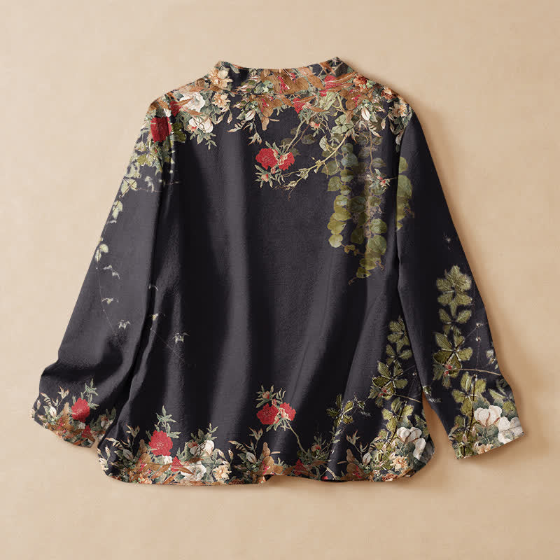 Buddha Stones Cotton Oriental Bloom Pattern Wrap V-Neck Lace-up Women's Long Sleeve Shirts Kimono - image 1