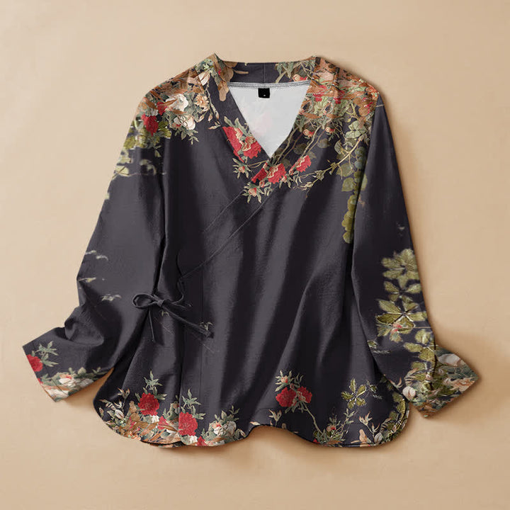 Buddha Stones Cotton Oriental Bloom Pattern Wrap V-Neck Lace-up Women's Long Sleeve Shirts Kimono - Black - US16，UK/AU20，EU48 (3XL) - image 0