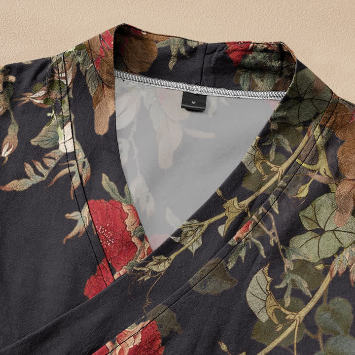 Buddha Stones Cotton Oriental Bloom Pattern Wrap V-Neck Lace-up Women's Long Sleeve Shirts Kimono - image 2