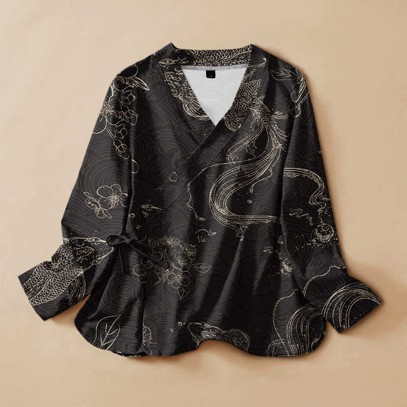 Buddha Stones Cotton Floral Koi Pattern Wrap V-Neck Lace-up Women's Long Sleeve Shirts Kimono - Black - US16，UK/AU20，EU48 (3XL) - image 0