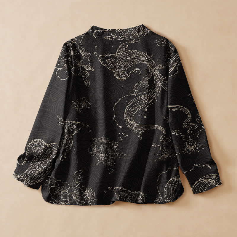 Buddha Stones Cotton Floral Koi Pattern Wrap V-Neck Lace-up Women's Long Sleeve Shirts Kimono - image 1