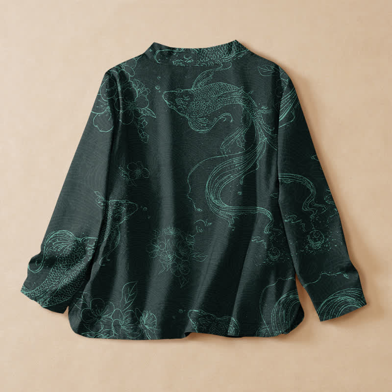 Buddha Stones Cotton Floral Koi Pattern Wrap V-Neck Lace-up Women's Long Sleeve Shirts Kimono - image 6