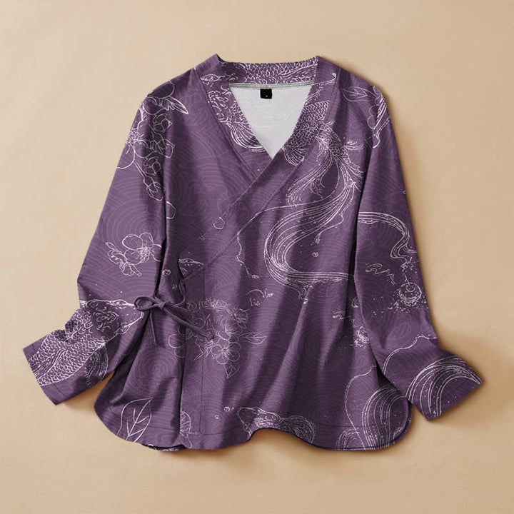 Buddha Stones Cotton Floral Koi Pattern Wrap V-Neck Lace-up Women's Long Sleeve Shirts Kimono - DarkOrchid - US16，UK/AU20，EU48 (3XL) - image 7