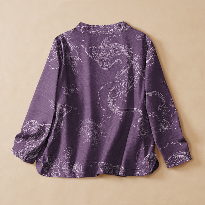 Buddha Stones Cotton Floral Koi Pattern Wrap V-Neck Lace-up Women's Long Sleeve Shirts Kimono - image 8
