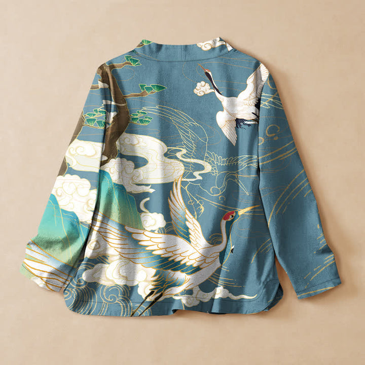 Buddha Stones Cotton Oriental Crane Cloud Print Wrap V-Neck Lace-up Women's Long Sleeve Shirts Kimono - image 6