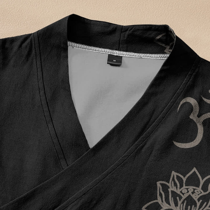 Buddha Stones Cotton Lotus Om Print Hanfu Style Wrap V-Neck Lace-up Women's Long Sleeve Shirts Kimono - image 2