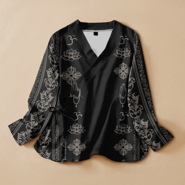 Buddha Stones Cotton Lotus Om Print Hanfu Style Wrap V-Neck Lace-up Women's Long Sleeve Shirts Kimono - Black - US16，UK/AU20，EU48 (3XL) - image 0