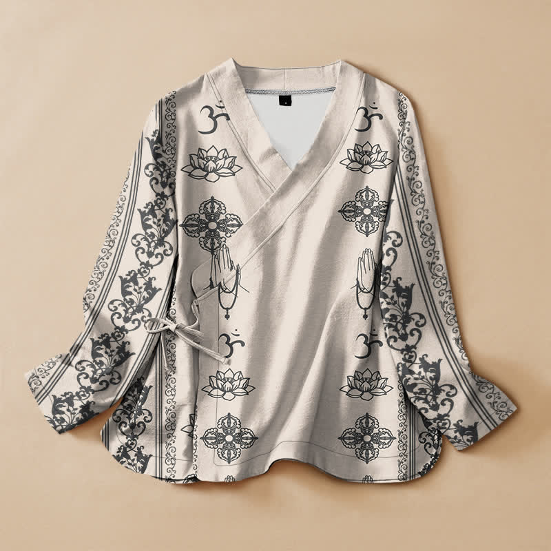 Buddha Stones Cotton Lotus Om Print Hanfu Style Wrap V-Neck Lace-up Women's Long Sleeve Shirts Kimono - Ivory - US16，UK/AU20，EU48 (3XL) - image 5