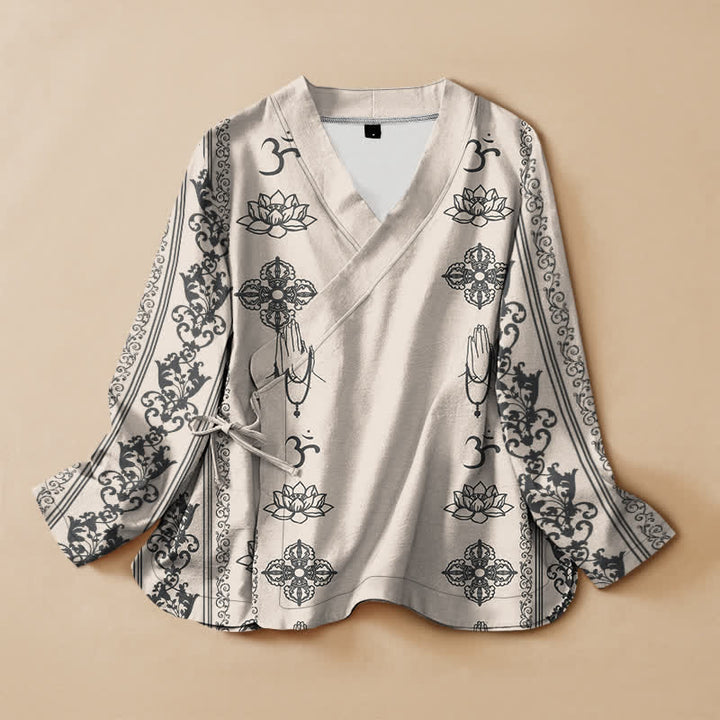 Buddha Stones Cotton Lotus Om Print Hanfu Style Wrap V-Neck Lace-up Women's Long Sleeve Shirts Kimono - Ivory - US16，UK/AU20，EU48 (3XL) - image 5